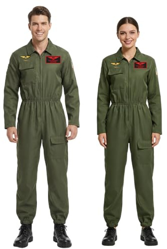 Joyincoser Costume da pilota, da donna, da uomo, da combattimento, pilota, verde militare, abbigliamento militare, cosplay, per adulti, carnevale, Halloween, feste (M)