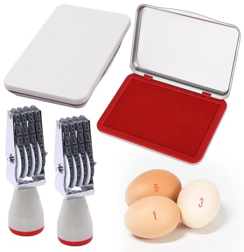Number Roll Stamps Ink Pads - 2 Egg Dater Stamp Kit with 2 Red Ink Pads/Adjustable 4-Wheel Date Stamp for Farm Fresh Eggs Chicken Duck Turkey
