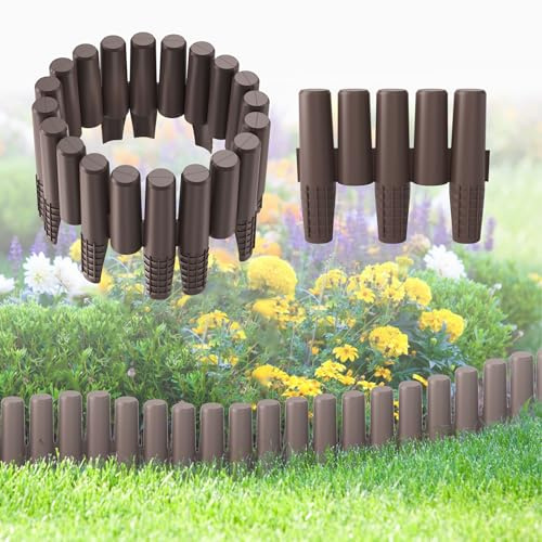 UISEBRT 8,4m Rasenkante Kunstoff Holzoptik Beeteinfassung Garten Border Gartenzaun Mähkante Beetumrandung Palisade Blumenbeet Garten Dekorativ, 1 Element (L x H): 28cm x 24,5cm, Braun