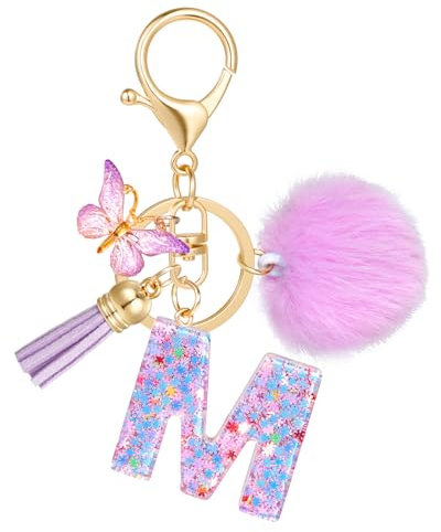 JSRQT Resin Initial Letter M Keychain,Fashion Purple Alphabet Key Chain with Butterfly Tassel Pendant,Snowflake Sequins Car Key Ring Accessories for Women Girls Bag Charms Decor