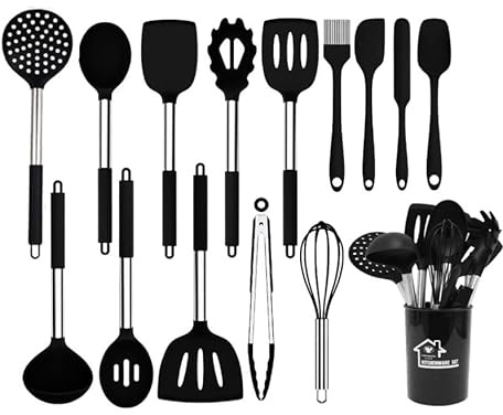 TINA&CO Juego de utensilios de cocina silicona 15 piezas de silicona con mango de acero inoxidable, resistentes al calor, antiadherente, espátulas grandes, apto para lavavajillas (Negro)