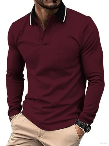 geeksport Mens Long Sleeve Polo Shirts Causal Poloshirts for Men Adult Button Down Work Tops Golf T-Shirt with Pocket