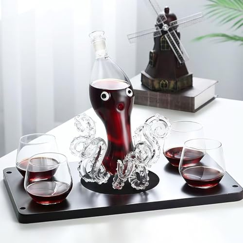 Decantador Whisky - Arte Estatua, Escultura De Decantador De Whisky De 750 Ml Con Forma De Pulpo, Botella De Vino Con 4 Vasos De 350 Ml, Estatua Creativa De Animal Para Bar