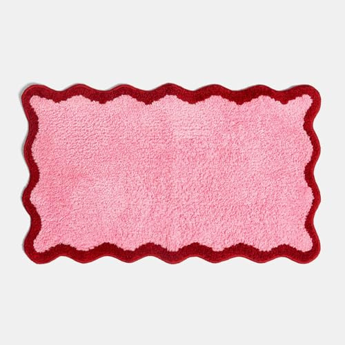 OHS Bath Mats for Bathroom, Soft Absorbent Non-Slip Decorative Scallop Edge Tufted Bath Mat Machine Washable Shower Rug for Bathroom Floor, Pink/Red - 45 x 75cm