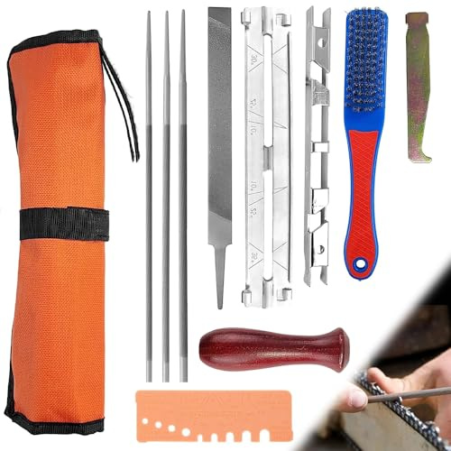 Riisoyu 11 Pièces Kit Affûtage Chaine Tronçonneuse, Kit d'Affûtage de Chaîne de Tronçonneuse Affuteuse de Tronçonneuse avec Limes Rondes, Lime Plate, Manche, Guide de Lime et Pochette
