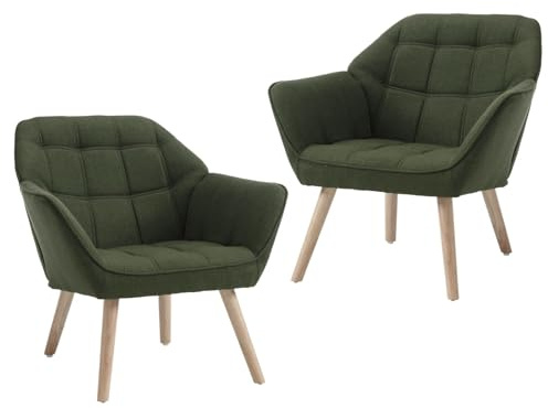 Ya-Home Sessel Wohnzimmer 2er Set Ohrensessel mit Holzbeinen, Leinen, Grün | Bequeme Armlehnen, dicke Schaumfüllung, massive Holzbeine, atmungsaktiver Leinenstoff, gepolsterter Lesesessel
