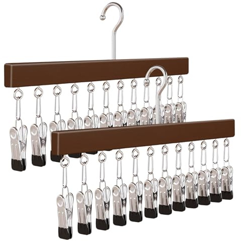 2 Stück Sockentrockner, Sockenaufhänger Holz Kleiderbügel Schal Metallsockenbügel mit 12 Edelstahl Clips 360° Drehhaken Wäscheständer für Socken Unterwäsche Mütze