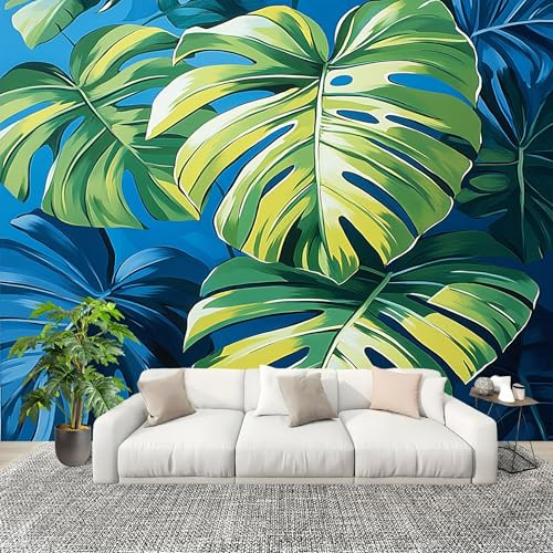 Papel Tapiz 250x175cm Tema De Monstera Tropical Decoración De Pared Sala Cuarto Oficina Salón Papel Pintado a Prueba de Humedad Azul Oscuro Fotomural limpiable - Mural de Papel Pintado