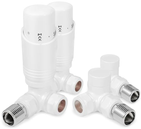 VANCOCO 2 Pack White Corner Thermostatic Radiator Valve Set 1/2×15mm | TRV with Lockshield, H62 Brass, Energy Saving Design