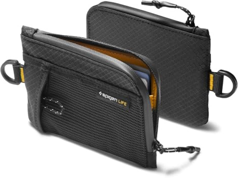 Spigen Life LF300 RFID-skyddad kompakt plånbok med kortfack, vattenavvisande EDC-fodral med YKK-dragkedja, rymmer upp till 10 kort, med D-ring och främre nätficka - Svart
