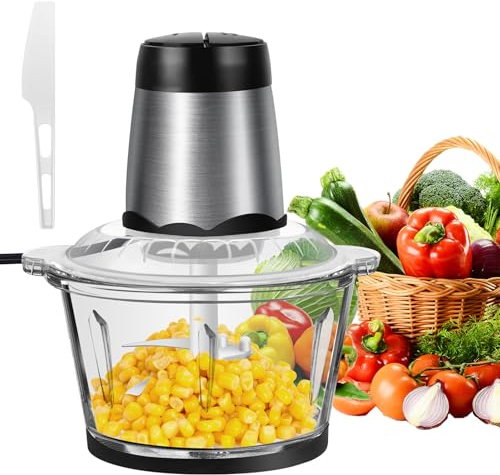 Food Processors, 300W Vegetable Chopper Electric with 2L Glass Bowl and 4 Bi-Level Blade, 2 Speed Control Mini Food Processor, Meat Grinder for Meat, Vegetables, Fruits and Nuts