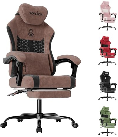 SUKIDA Gaming Stuhl, Ergonomischer Schreibtischstuhl mit Fußstütze Kopfstütze und Lendenkissen, Schreibtischstuhl mit Stoffoberfläche Hochwertiger - Stoff, braun