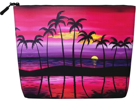 Tropical Palm Tree Travel Toiletry Bag for Women, Fake Hemp Cosmetic Organizer Large Capacity Zippered Daily Pouch
