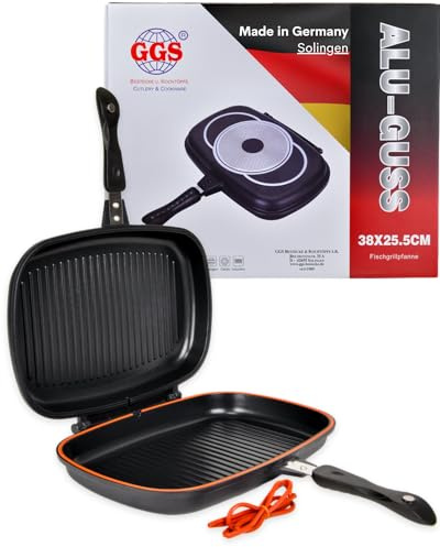 GGS Solingen Doppelseitige Grillpfanne 38 x 25,5 cm – Made in Germany | Wendepfanne Doppelpfanne aus Alu-Guss | Fischgrillpfanne für Induktion, Gas & Glaskeramik | PTFE-Antihaft | Magnetverschluss