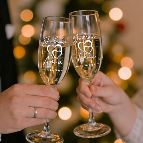 Personalised Champagne Flutes Set of 2 Custom Wedding Glasses for Bride and Groom, Mr & Mrs Toasting Glasses Customised Name & Date for Engagement, Bridal Shower, Anniversary, Valentines-Engraved