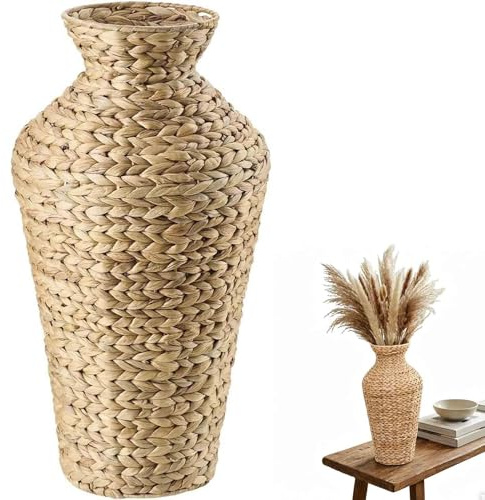 Woven Jarrón de suelo grande para sala de estar, jarrón de jacinto de agua natural, pasillo y entrada, jarrón de mimbre de 22 pulgadas de algas marinas naturales para flores secas
