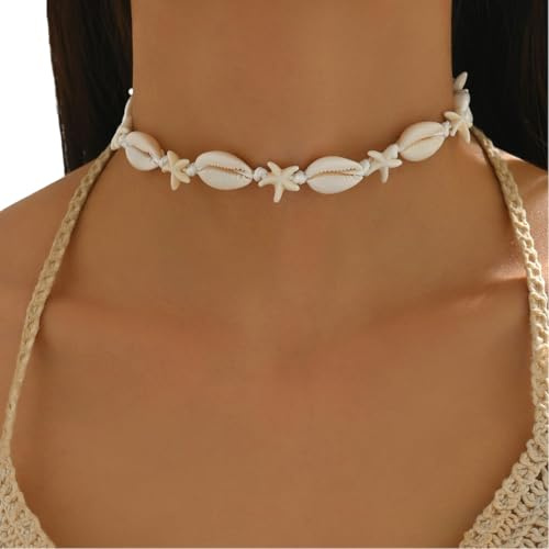 Yokula Boho Muschelkette Damen Hawaii Sti Geflochtene Kordel Halskette Mit Natürlichen Muscheln,Verstellbare Sommer Urlaub Schmuck Halsaccessoire Für Strandparty Festival Urlaub Frauen,Weiß