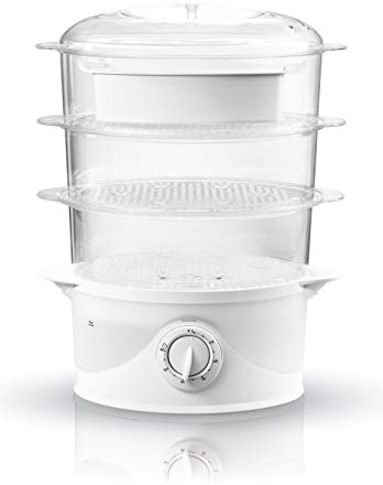 Adler AD633 Vaporera Eléctrica, Cocina al Vapor, Libre de BPA, Temporizador 60 Min., 3 Recipientes Apilables (Capacidad 9L), Cuenco para Preparar arroz, 800W