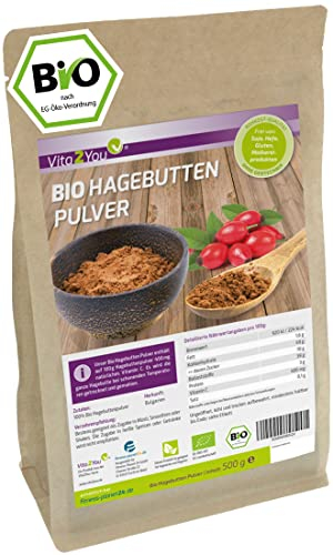 Vita2You Hagebuttenpulver Bio 500g - Rosa Canina - 100% Ökologischer EU Anbau - Rohkost-Qualität - Vitamin C - ganze Hagebutten gemahlen - kontrollierte Premium Qualität
