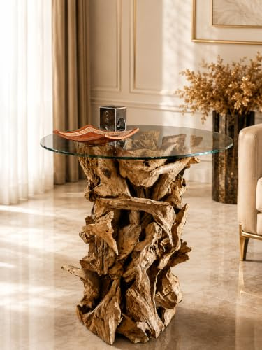 REGINA luxuriös Couchtisch Rund | Edler premium qualität Beistelltisch aus massivem Teakholz & Glas 60 cm | Massiver Couchtisch Braun mit Glasplatte – Handgefertigtes Unikat für modernes Wohnen