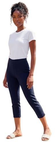 Roman Cropped Trousers for Women UK Ladies Capri Leggings Summer Pants Short Crop Stretch 3/4 Length Three Quarter Pedal Pusher Clothes Elasticated Bengaline Cut Off - Navy Blue - Size 16