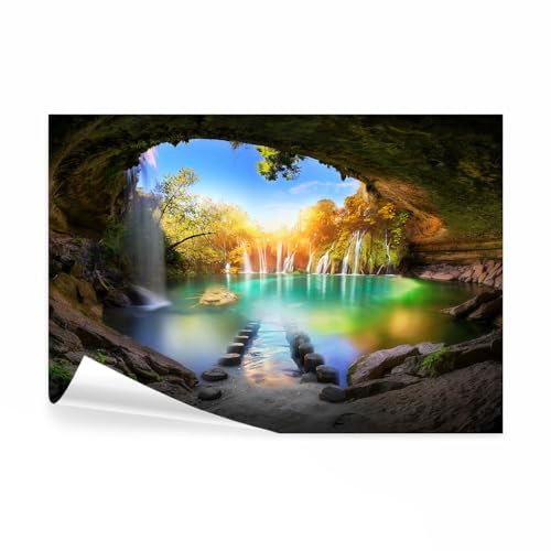 decomonkey Papier Peint Panoramique Cascade Chute d'eau 350x256 cm | Décoration murale moderne, Tapisserie décorative pour chambre salon, Arbres pierre coloré paysage eau cascade