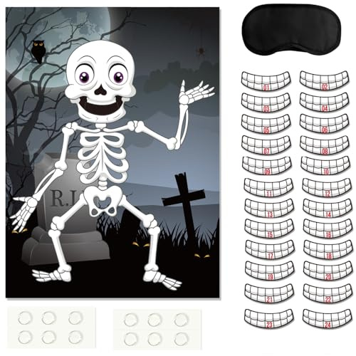 FEPITO Pin The Teeth en el Juego de Fiesta de Halloween Skeleton Skull con 24 Piezas de Pegatinas de Dientes para favores de Fiesta de Halloween, Decoraciones de Hallowe
