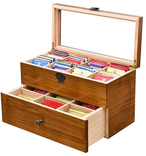 WELLAND Large Capacity Vintage Wood Tea Bag Box, Tea Storage Chests with Clear Lid & 2-Layer 14 Compartments