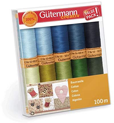 Gütermann Baumwoll-Nähfaden Set 10 x 100 m - Sortiment Blau, Beige und Grün