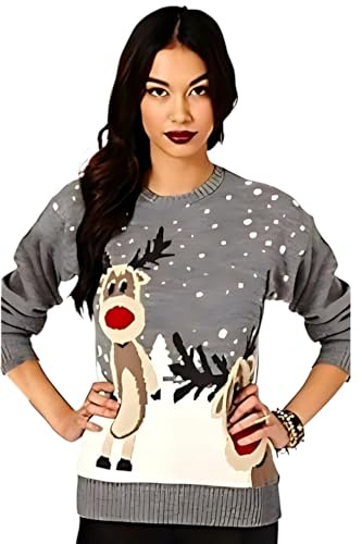STAR FASHION Women/Ladies Men Unisex Christmas Jumper Knitted Xmas Sweater-Two Reindeer-Grey-12-14