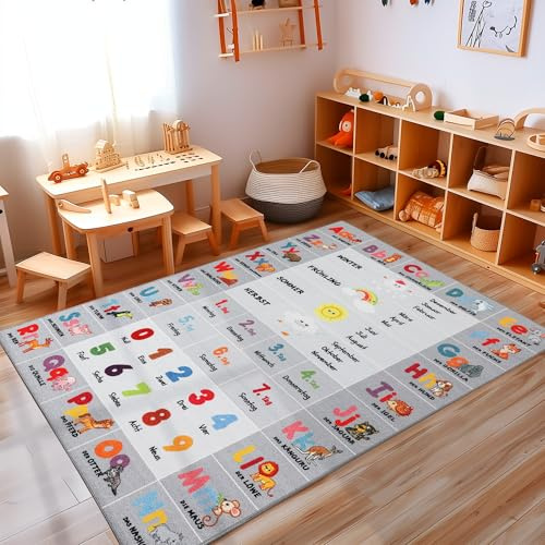 Carpettex Kurzflor Kinderteppich Mädchen und Jungen 100 x 150 cm Grau - Alphabet Zahlen Tiere Design Teppich Weich und Antiallergen - Waschbarer Teppich für Kinderzimmer, Babyzimmer und Spielzimmer
