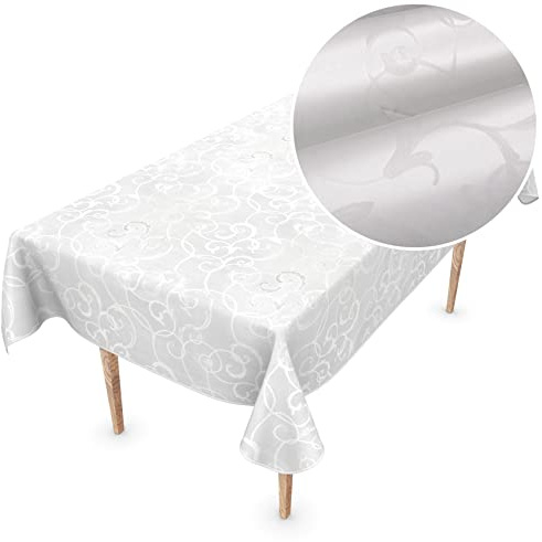 Premium Wachstuchtischdecke Tischdecke Vinyl Wachstischdecke abwaschbar 220x150cm Damast Weiß Perlmut edel abwischbar
