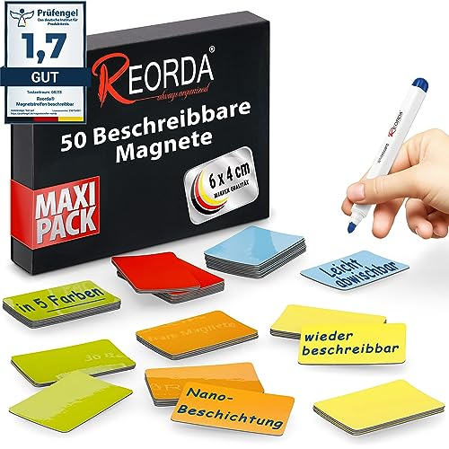 Reorda® Magnetstreifen beschreibbar - 50 Stück wiederbeschreibbar – 6 x 4 cm (Bunt) - Beschreibbare Magnete für Whiteboard, Kanban, Magnettafel oder als beschriftbare Magnete für den Kühlschrank