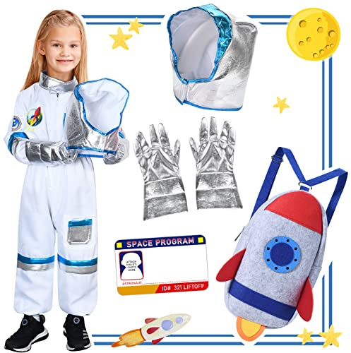 vamei Astronaut Kostüm Kinder mit Weltraum Astronauten Overall Uniform Helm Handschuhe Raketen Rucksack Halloween Karneval Kostüm für Mädchen Jungen