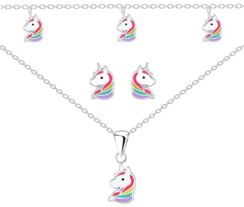 FRIEDA + PAUL Einhorn Regenbogen Mädchen Halskette Anhänger Ohrstecker Ohrringe Armband 5-tlg. Set 925 Sterling Silber anlaufgeschützt Schmuckbox