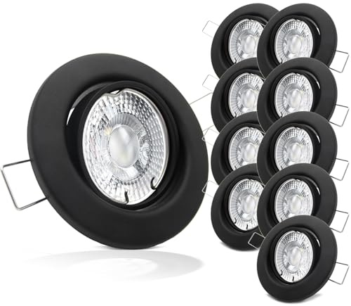 trendlights24 Decora LED Decken Einbaustrahler flach 35 mm 5W 230V 10er Set | Schwarz matt, rund, LED Spots, Warmweiß, 3000k, 400lm, austauschbar, Einbauleuchte, schwenkbar, 68 mm Lochmaß