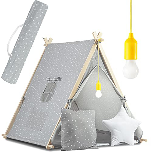 Nukido Tipi Zelt für Kinder aus Baumwolle - Indoor & Outdoor Spielzeug - Fenster Zwei Kissen - Isoliermatte - LED Lampe - Wigwam Indianerzelt Pappelholz 116 x 107 x 110 cm Grau