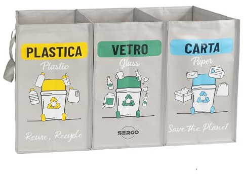 SERGO Borse Raccolta Differenziata - Contenitori Differenziata Interno e Esterno per Plastica, Carta e Vetro - Pattumiera differenziata 3 scomparti