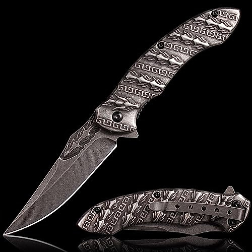 Vividstill Taschenmesser für Männer, cool Klappmesser mit 3D Titanplattiert Prägen Reliefgravur, gute Geschenk Edc Messer für Männer Outdoor Überleben Camping (schwarz)