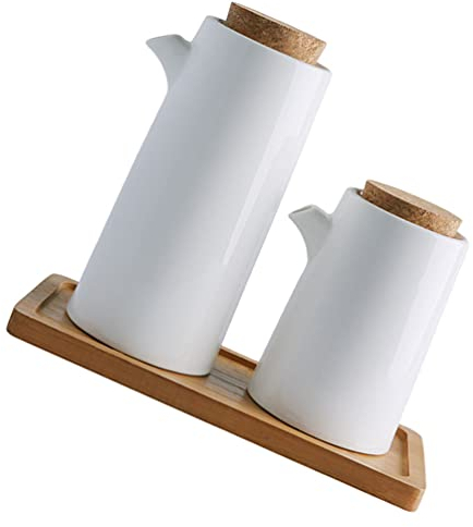 PAREKS Keramik-Gewürzspender-Flaschen-Set, Sojasauce, Menage, Porzellan, Essig, Wasserkocher, Ölbehälter mit Tablett, flüssige Gewürztöpfe für Küche, Restaurant, Kochen, Weiß