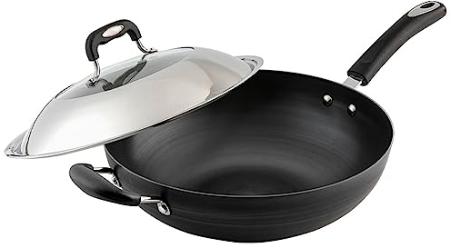 AZHANGYB Wok Acciaio al Carbonio 34cm, Padella Antiaderente Fisica in Acciaio Inossidabile con Coperchio Padelle Padella Antiaderente
