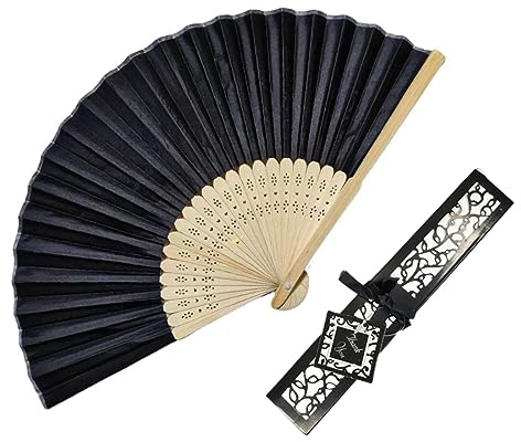 Tadipri Ventagli A Mano,Ventaglio di Seta con Scatola Regalo Ventaglio Pieghevole A Mano in Tessuto di Seta E Costole di Ventagli Pieghevoli per La Decorazione delle Pareti (Nero)