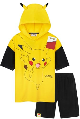 Pokémon Conjunto Verano Niño de Camiseta Toalla con Capucha Niño y Pantalones Cortos Pikachu Anime Ropa Niños Tejido de Rizo (Amarillo, 7-8 Años)