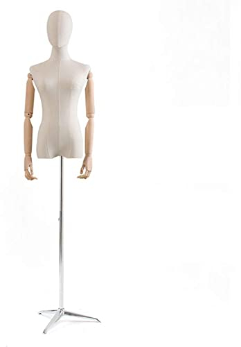 asdchZen Schneiderpuppen-Schaufensterpuppen-Torso-Schaufensterpuppenständer, Kleine Weibliche Schneiderpuppe, Höhenverstellbare Kleiderpuppe Mit Holzarmen, Kopf Und Metallstativ (Silberbasis)