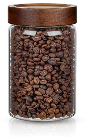 piconesper 1PC Glass Storage Jars with Airtight Lids, 28 fl oz (850ml) coffee container with Wooden Lid, Glass Pantry Canister for Beans, Rice, Sugar and etc