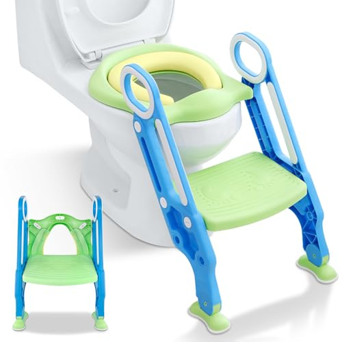 FIVMEN Faltbare Töpfchen Trainer für Kinder Toilettensitze mit Trittschemel Treppen Baby Lerntöpfchen Wc-Sitz mit PU Kissen & Griffen Töpfchen Tragfähigkeit bis 75KG Toilettentrainer (Grün)