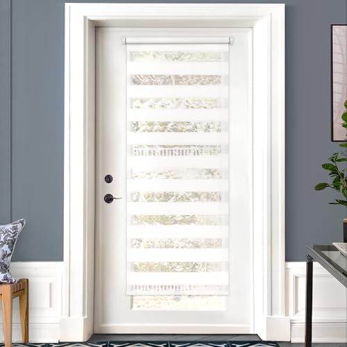 LazBlinds Cordless French Door Blinds, No Drill Roll Up Zebra Blinds for Doors, Light Control Day and Night Sheer Shades for Front Door Patio Sidelight Glass Door, 26.8'' W x 70'' L, White