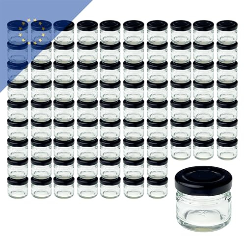 100 Stk. Einmachgläser 22ml mit TO43 schwarz – Hochwertiges Glas für Konfitüren, Gewürze und Proben – Luftdicht – Ideal für Aufbewahrung und Präsentation – Robust und wiederverwendbar