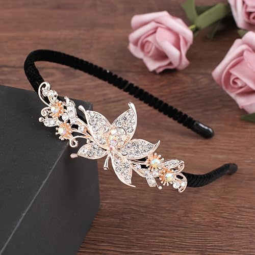 Kristall Herz Blume Haarreifen Strass Schmetterling Stirnband 1920er Jahre Französisch Liebe Herz Haarband Vintage Samt Haarstyling Kopfschmuck Zubehör für Frauen(Gold B)