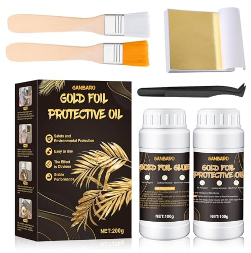 ALLONY Gold Leaf Paint & Adhesive Set - 100PCS Foil Sheets with Varnish, 2 Brushes for Metal, Craft, Painting, Arts